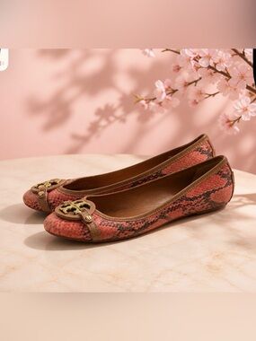 Tory Burch Pink Coral Snake-Print Ballet Flats with Gold Logo